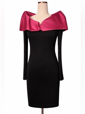 Vintage 80s Mignon bodycon prom dress with exaggerated hot pink silky collar- S